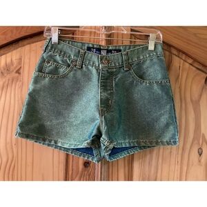 Juniors Zap iridescent metallic sheen green flat front jean denim shorts size 7